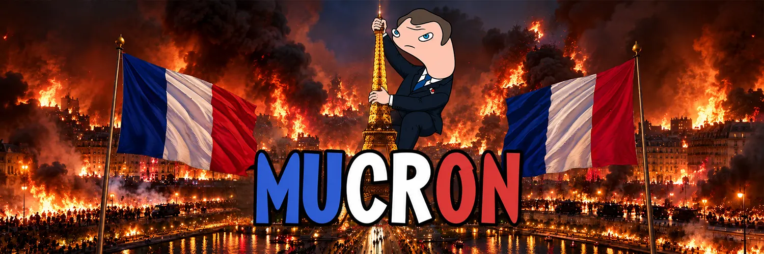 Mucron clinging to the Eiffel Tower while Paris burns between two French flags