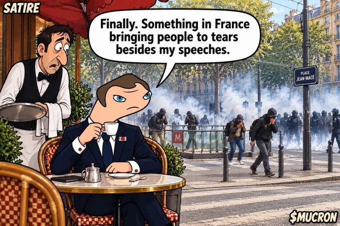 Mucron sips coffee on a terrace while tear gas drifts over Place Jean-Macé: Finally. Something in France bringing people to tears besides my speeches.