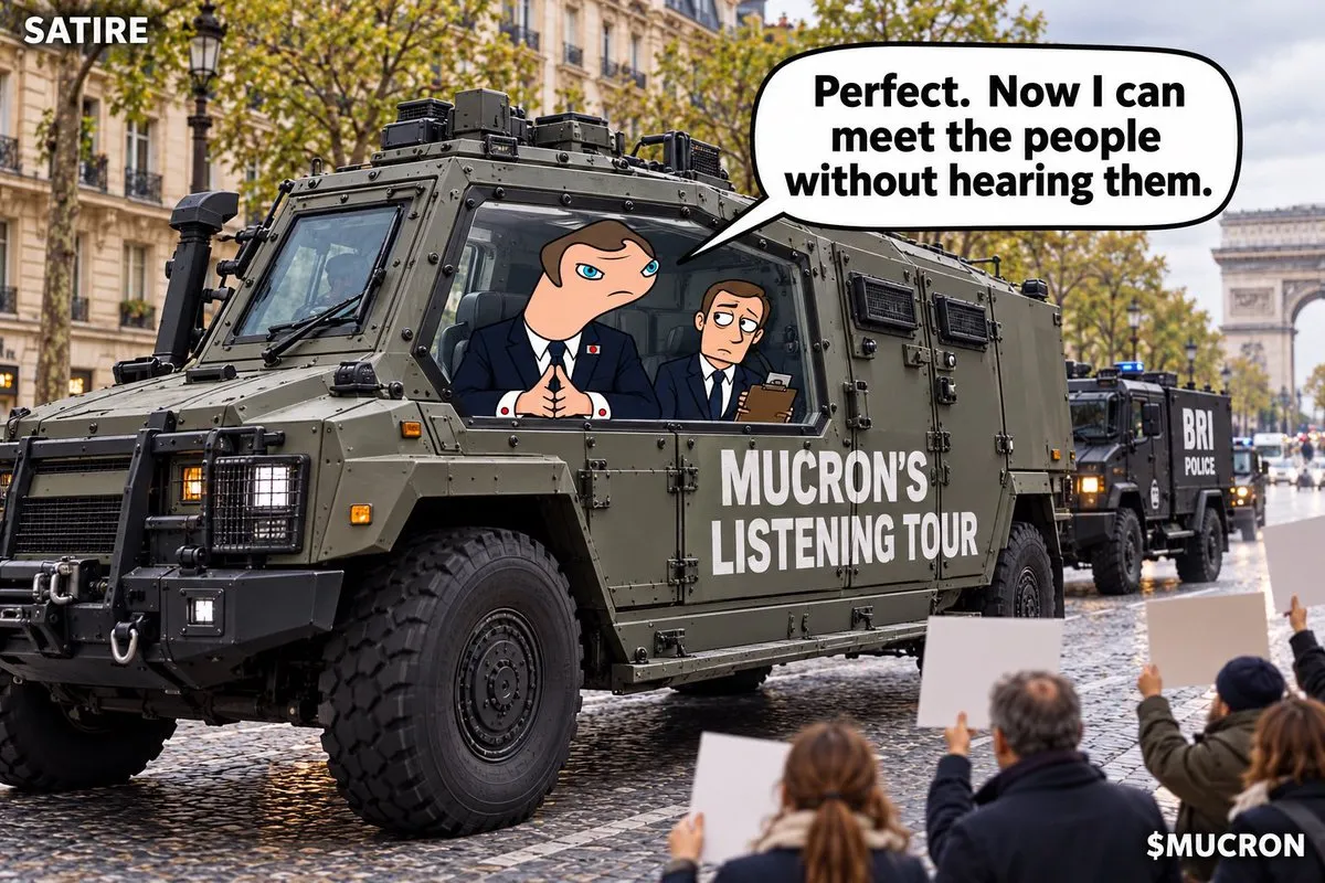Mucron in an armored vehicle labeled Mucron's Listening Tour: Perfect. Now I can meet the people without hearing them.